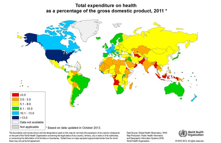 Organización Mundial de la Salud: Gastos totales en salud como porcentaje del PIB - 2011.