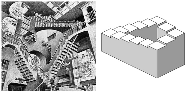 “Relatividad”, de M.C Escher (1953) y la Escalera de Penrose (1958).